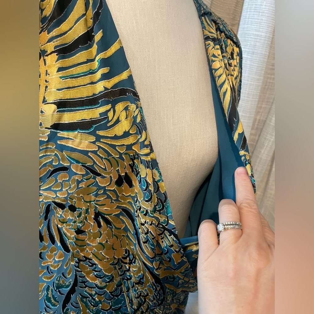 White House Black Market burnout smocked dress Teal and Gold Long Sleeve Dress - Picture 4 of 15